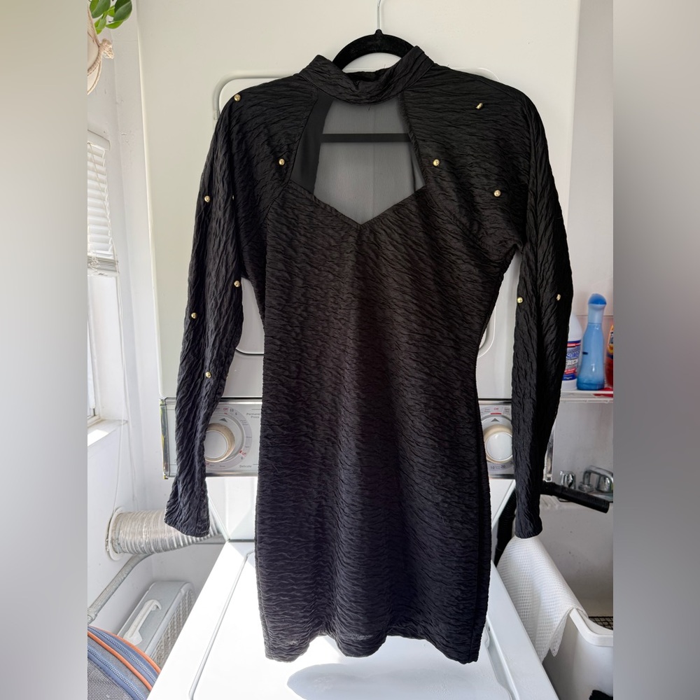 1990s Elegant Black Long-Sleeve Dress with Cutout